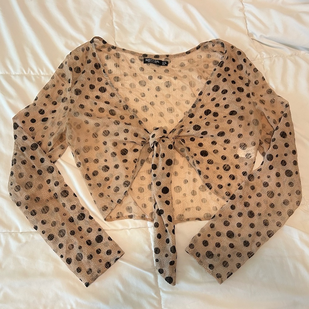 Nasty Gal Tan & Black Polka Dot Sheer Blouse